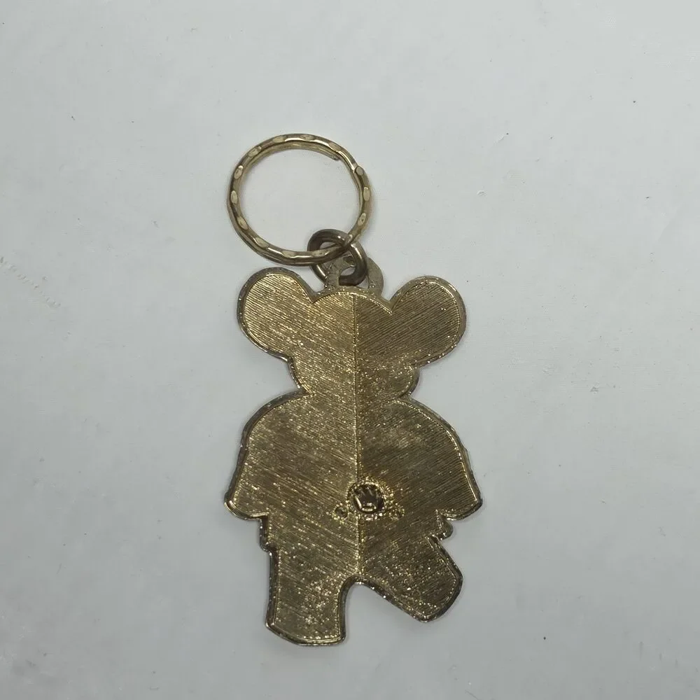 Vintage 80s Cute As Hell Teddy Bear Metal Keychain Key Ring Gold Green